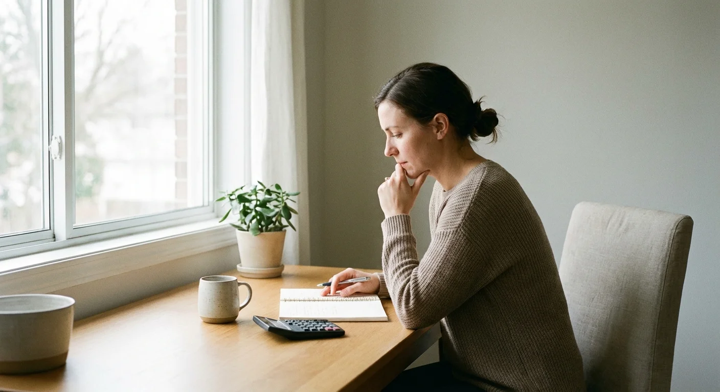 A woman looks thoughtfully at her notes and a calculator by a window.