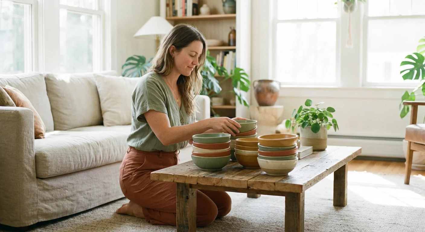 A woman organizing three stacks of bowls, symbolizing the 50/30/20 budget buckets.