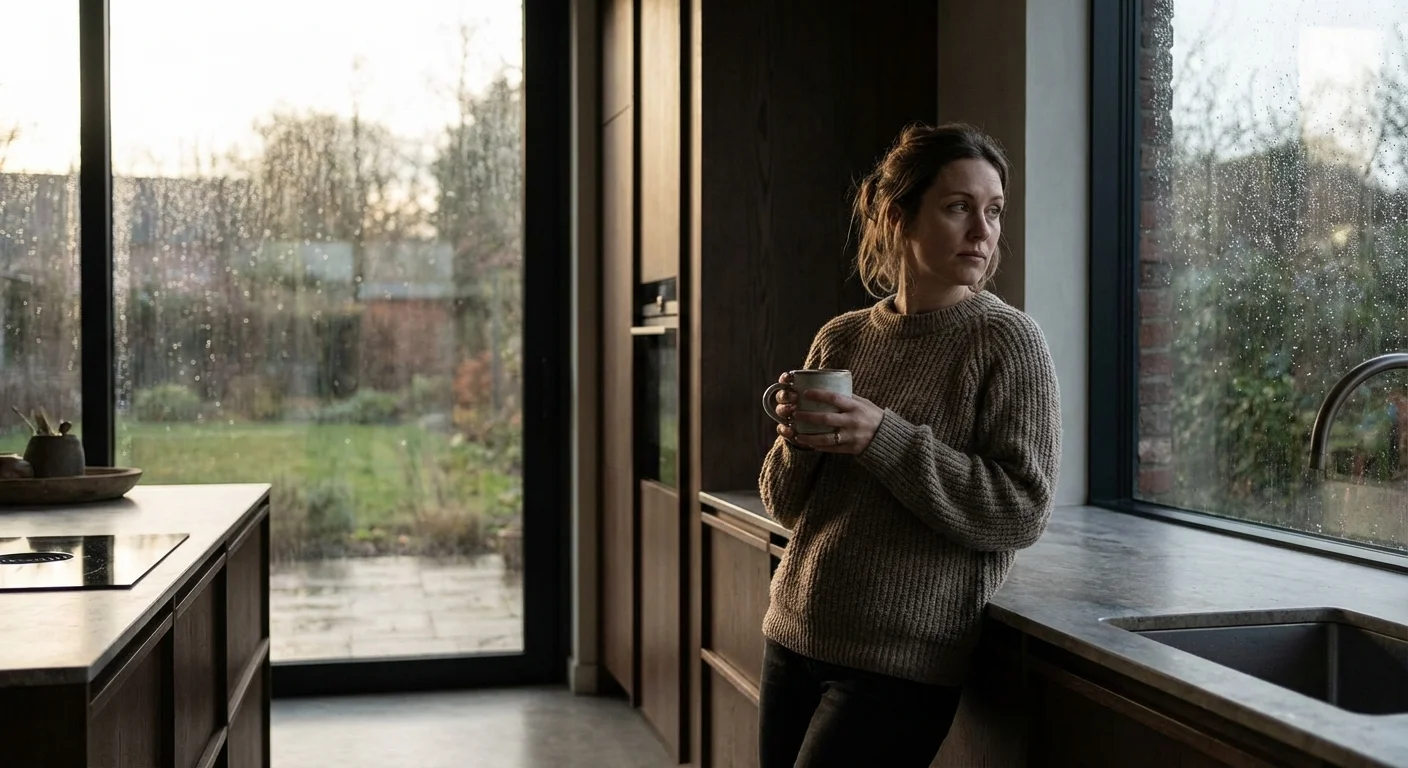 A woman reflecting thoughtfully in a quiet, modern kitchen.