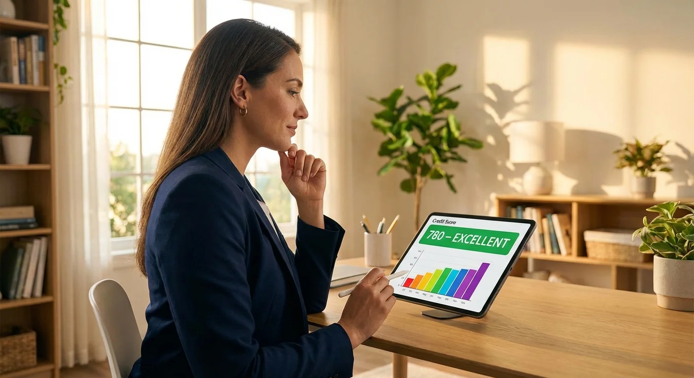 A woman reviewing a credit score chart on a tablet in a bright office.