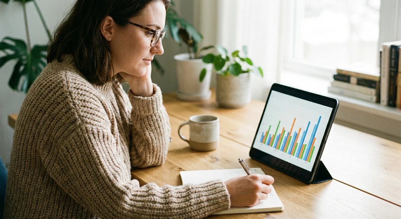 A woman reviewing financial charts on a tablet in a home office.