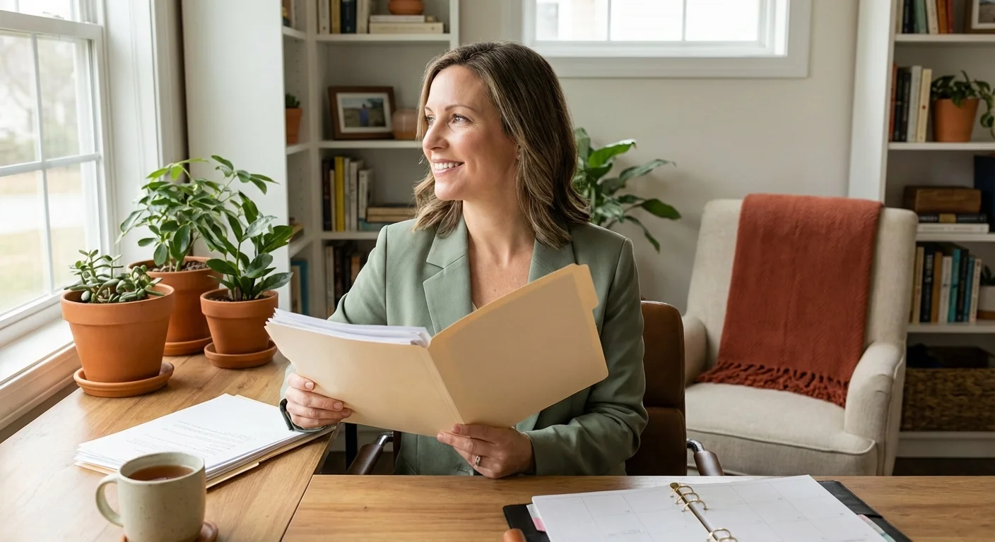 A woman reviewing insurance papers in a home office, making informed decisions.