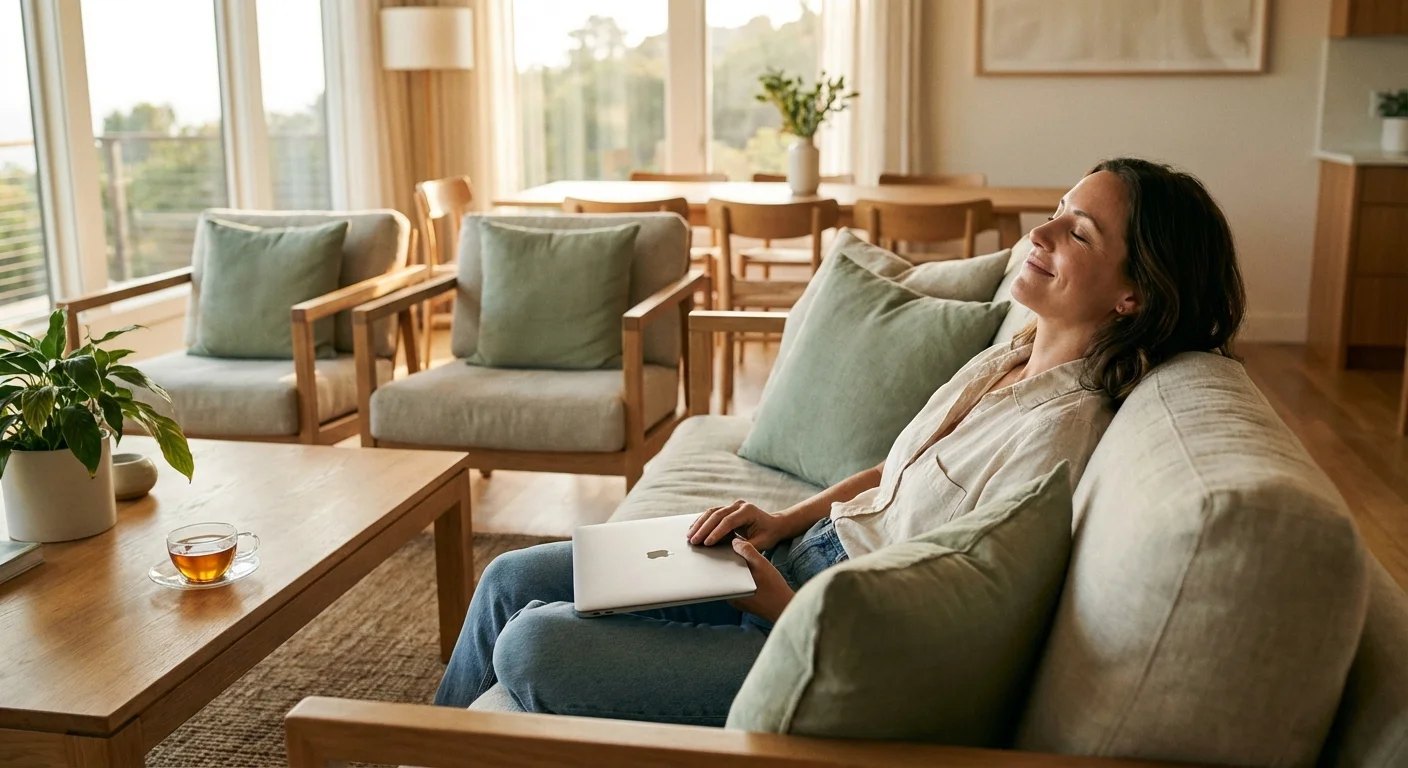 A woman smiling and closing her laptop in a comfortable, sunlit room.