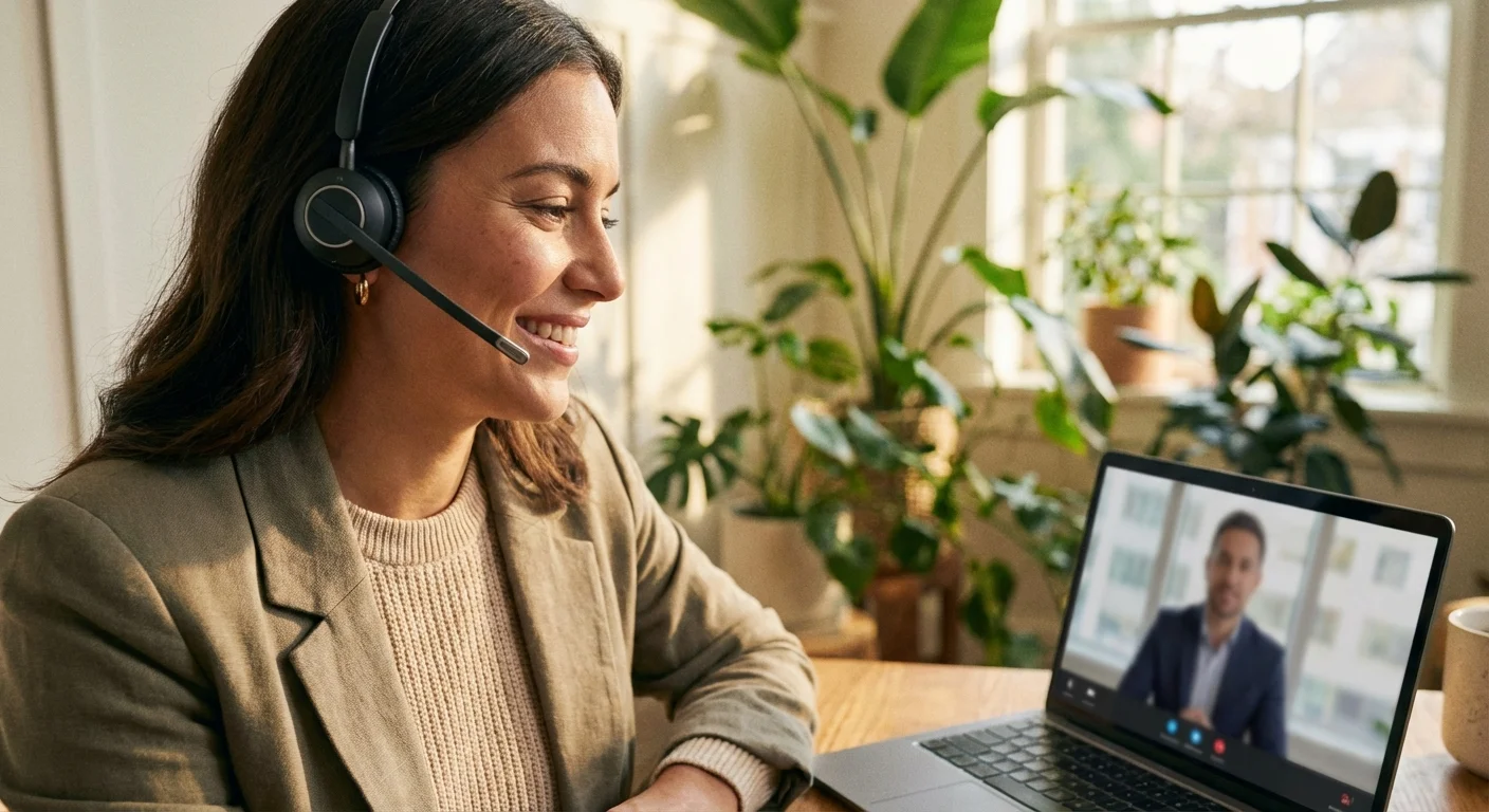 A woman smiling during a video consultation with a professional advisor on her laptop.