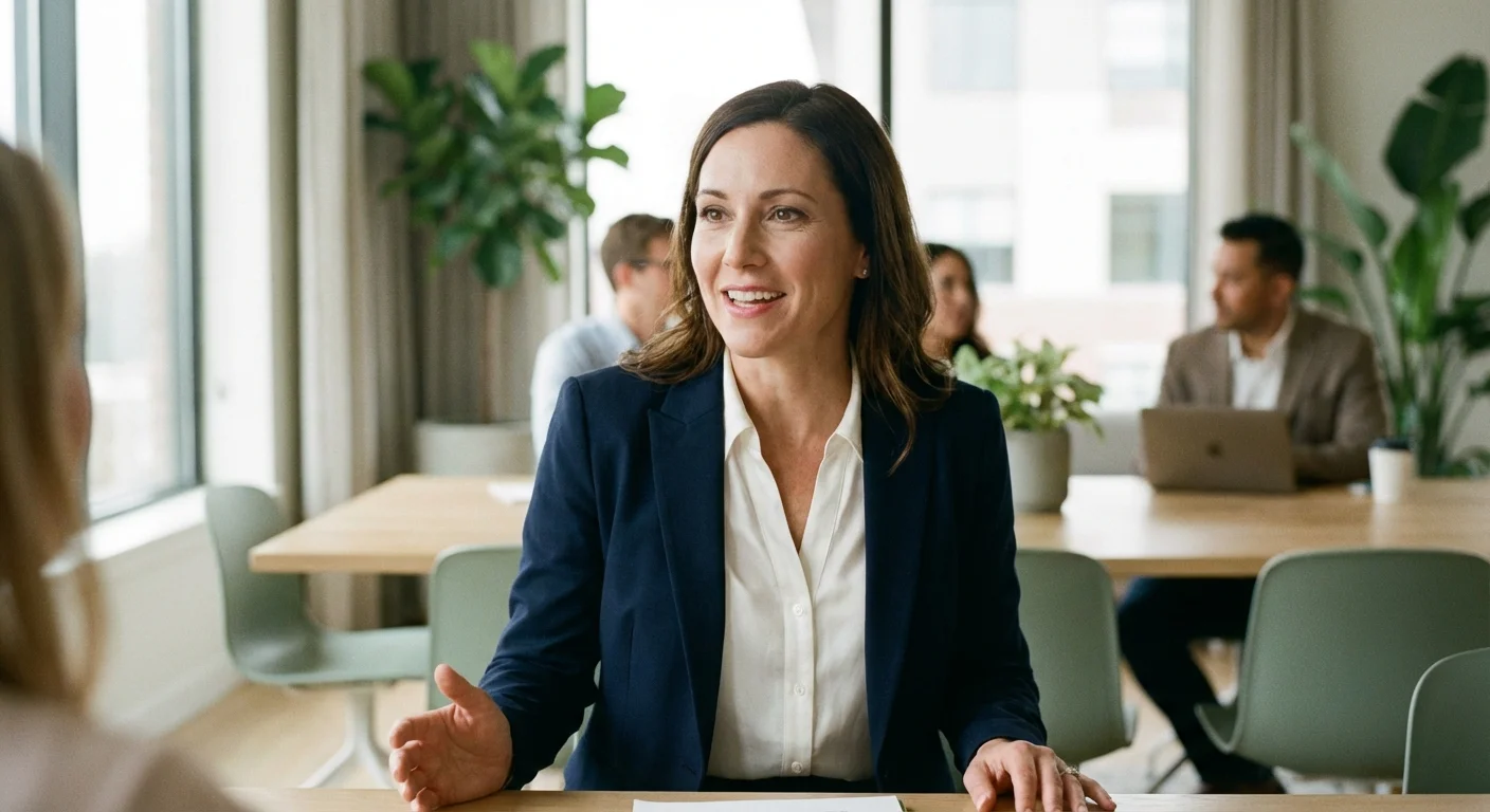 A woman speaking confidently in a professional meeting setting.