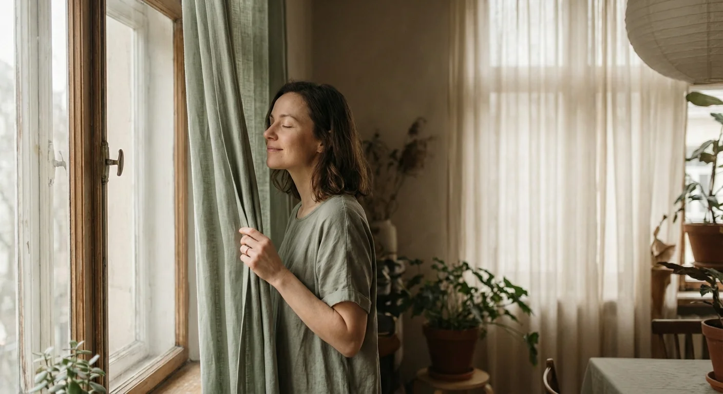 A woman standing by a window in a peaceful, quiet room.