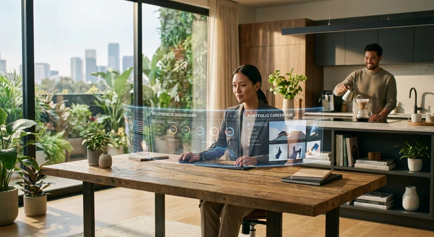 A woman working in a modern home office while her partner is in the background.