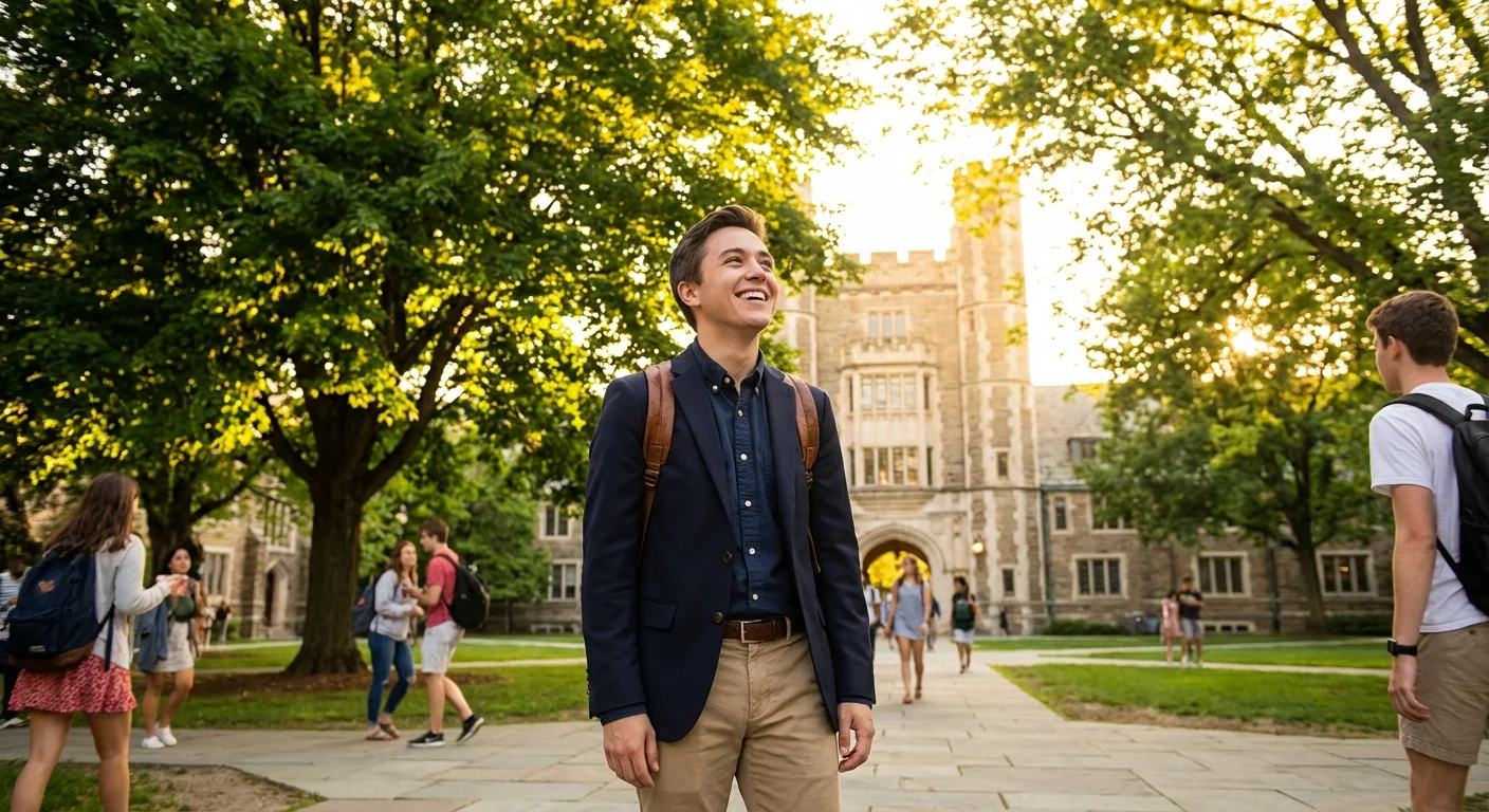 A young adult walks across a college campus during golden hour, symbolizing future flexibility.
