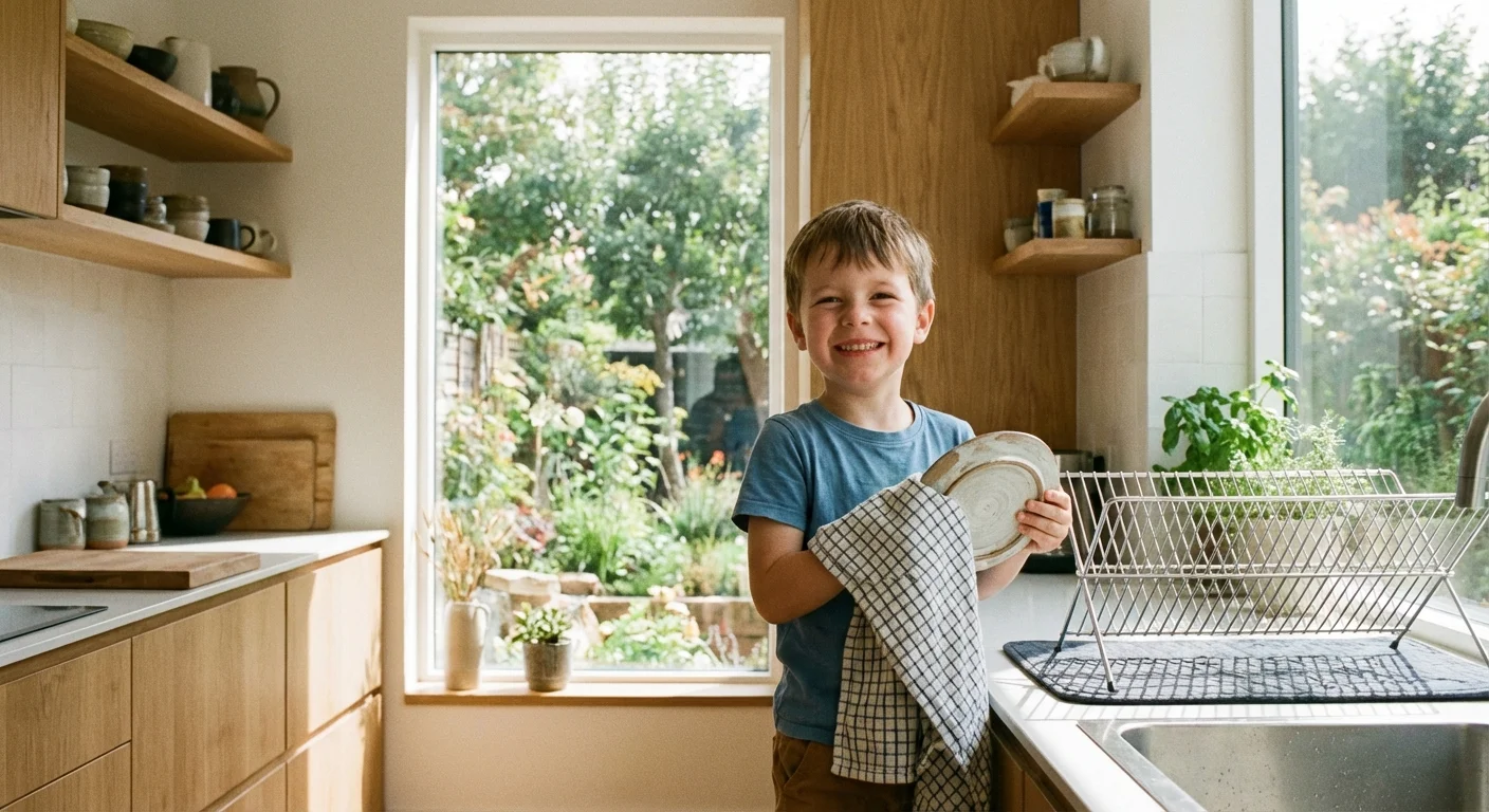 A young boy smiling while helping with dishes in a bright, modern kitchen.