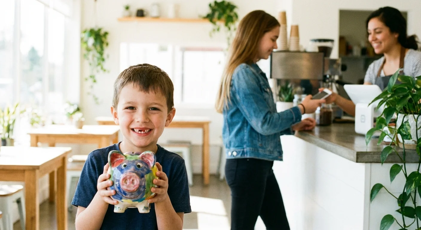 A young child with a piggy bank in the foreground and a teenager paying with a phone in the background.