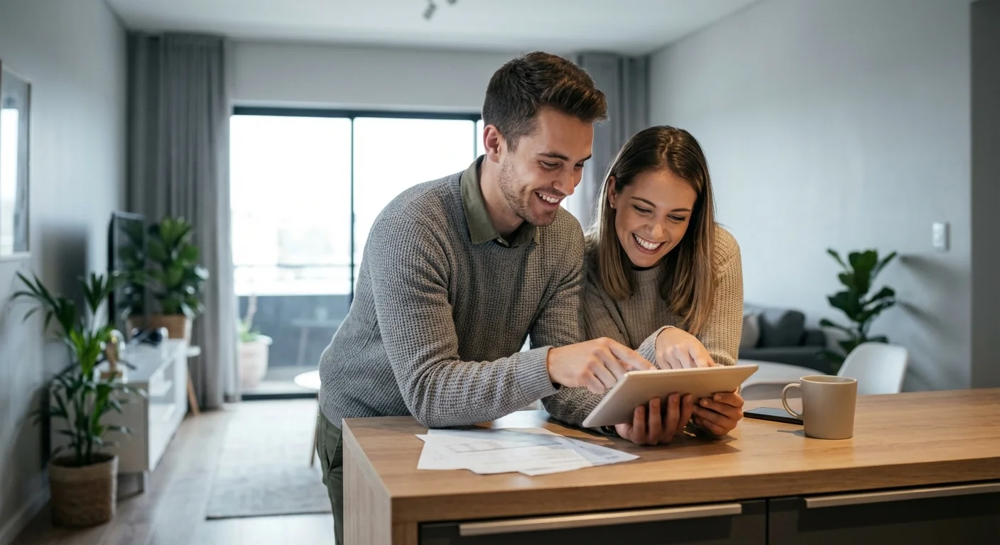 A young couple looks at a tablet together in their modern apartment.