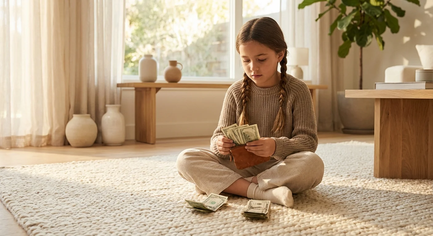 A young girl sitting on a rug thoughtfully counting her allowance money.