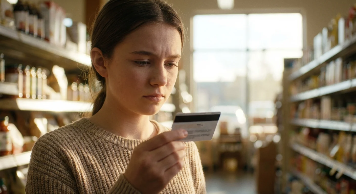 A young girl thoughtfully looking at a debit card while shopping, illustrating the concept of digital money.