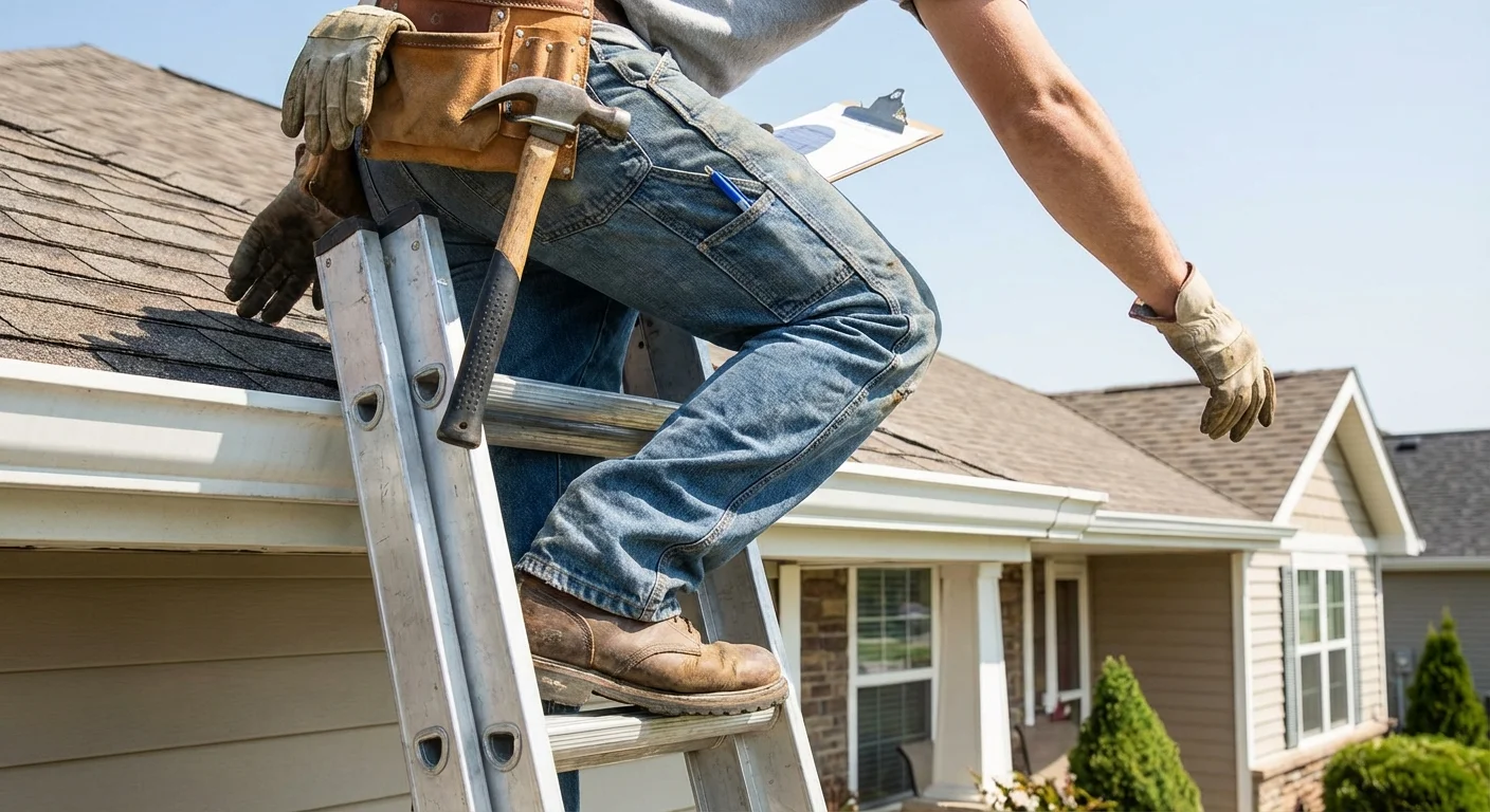 A young man carefully reviewing a document at a kitchen counter.