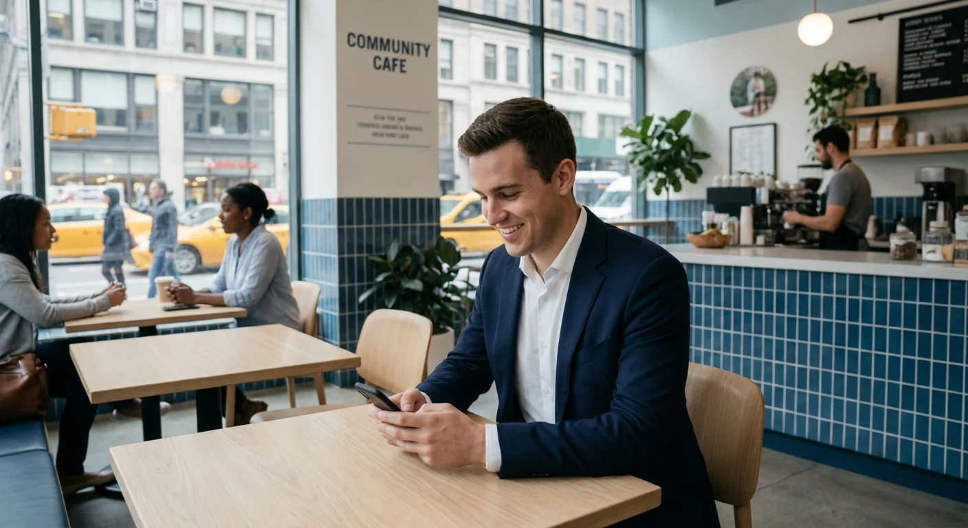 A young man using his phone in a bright cafe, illustrating credit inclusivity for new borrowers.