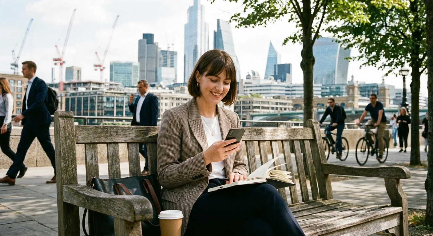 A young professional in an urban park focusing on their phone and a notebook.