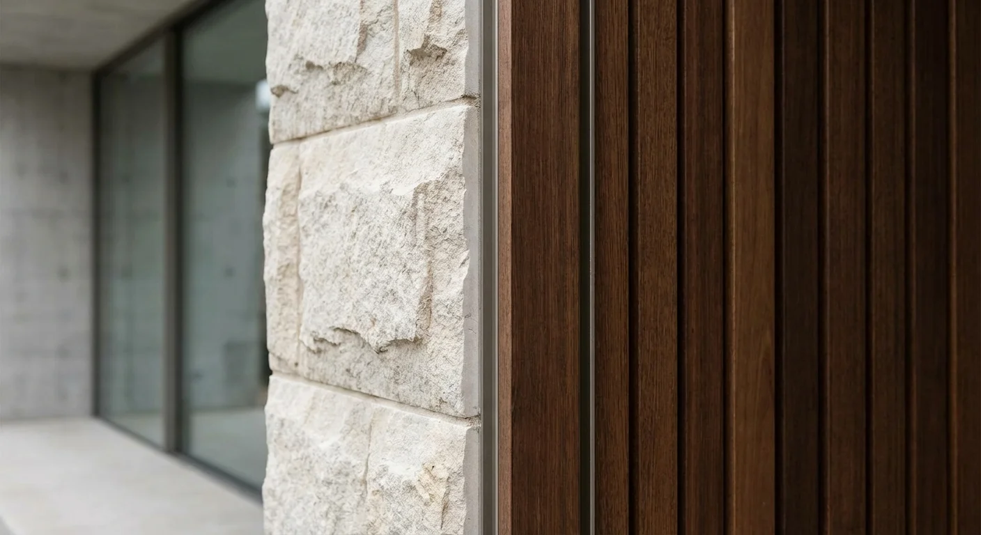 Abstract architectural detail showing the intersection of different building materials.