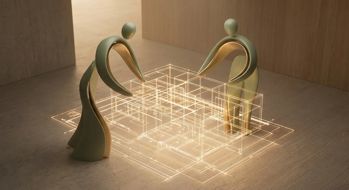 Two stylized 3D figures reviewing a glowing blueprint together in a sophisticated, dark space.