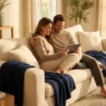 A couple reviews financial documents on a tablet in a bright, modern living room.