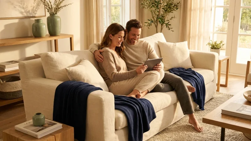 A couple reviews financial documents on a tablet in a bright, modern living room.