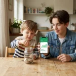 A child saving coins in a jar next to a teenager using a mobile banking app, symbolizing the shift from cash to digital.