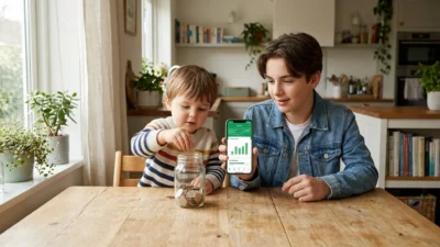 A child saving coins in a jar next to a teenager using a mobile banking app, symbolizing the shift from cash to digital.