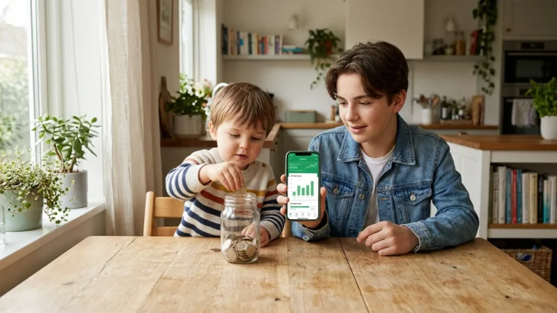 A child saving coins in a jar next to a teenager using a mobile banking app, symbolizing the shift from cash to digital.