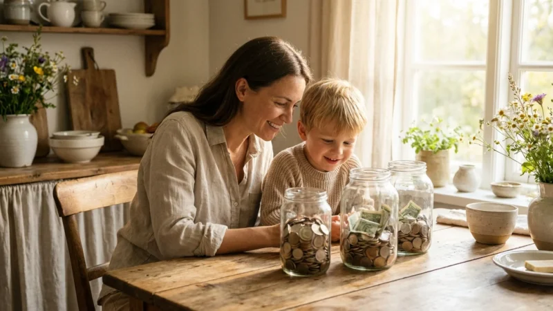 A mother and child sitting at a table discussing money with three glass savings jars.