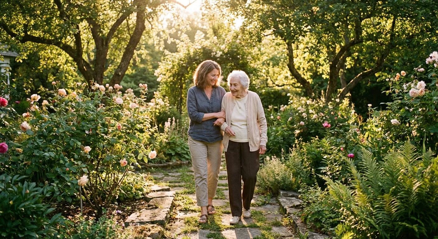 An adult daughter walking with her elderly mother in a bright, peaceful garden.