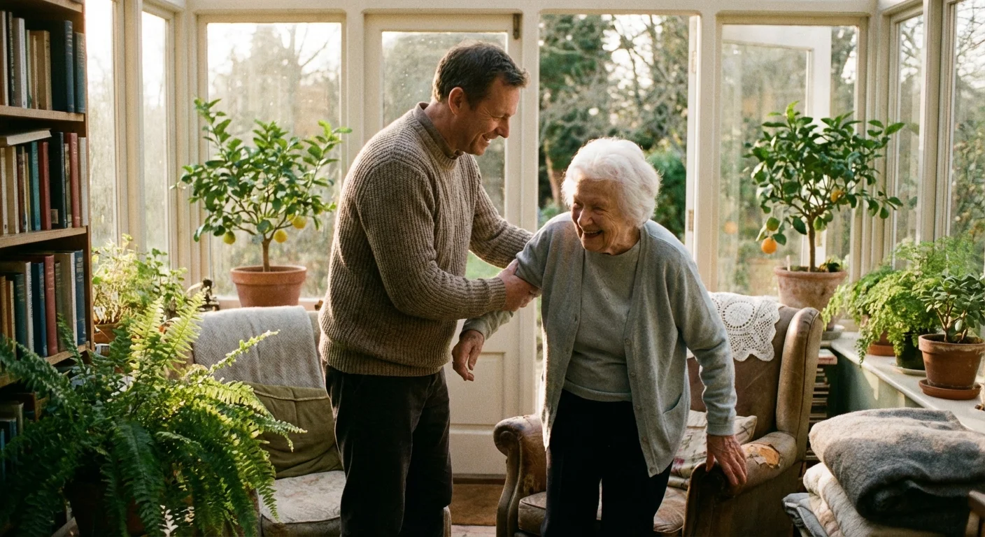 An adult son supporting his elderly mother in a bright, comfortable room.