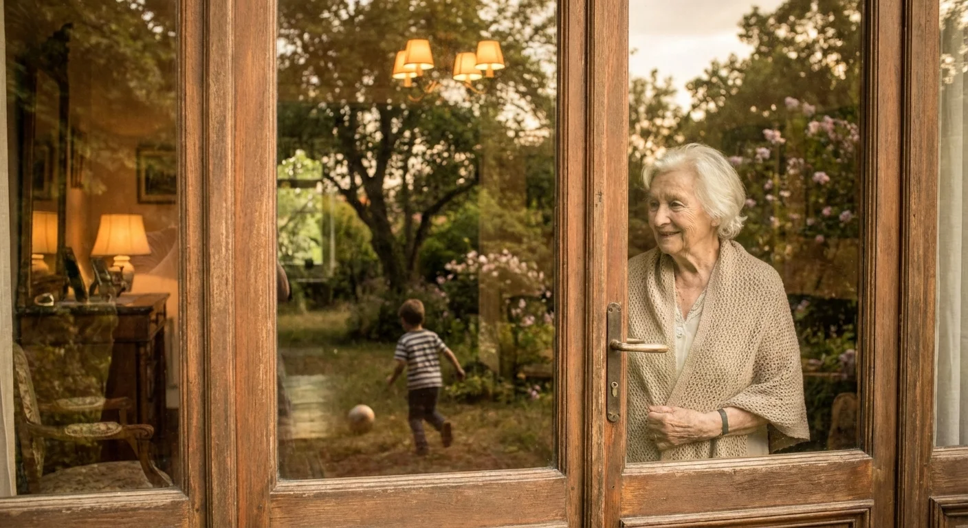 An elderly woman watching her grandson play, symbolizing the transfer of wealth and stability.