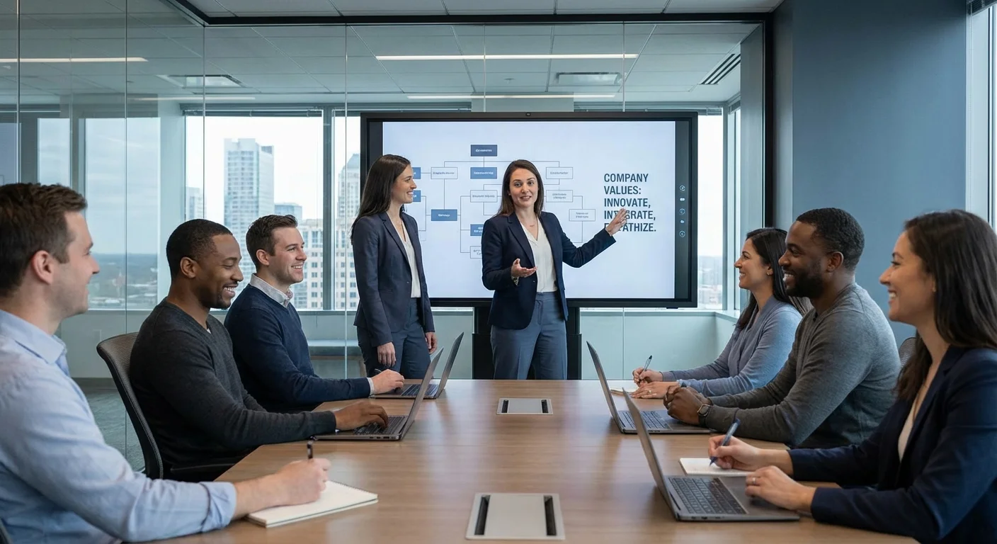 An executive leading a collaborative team meeting in a modern glass conference room.