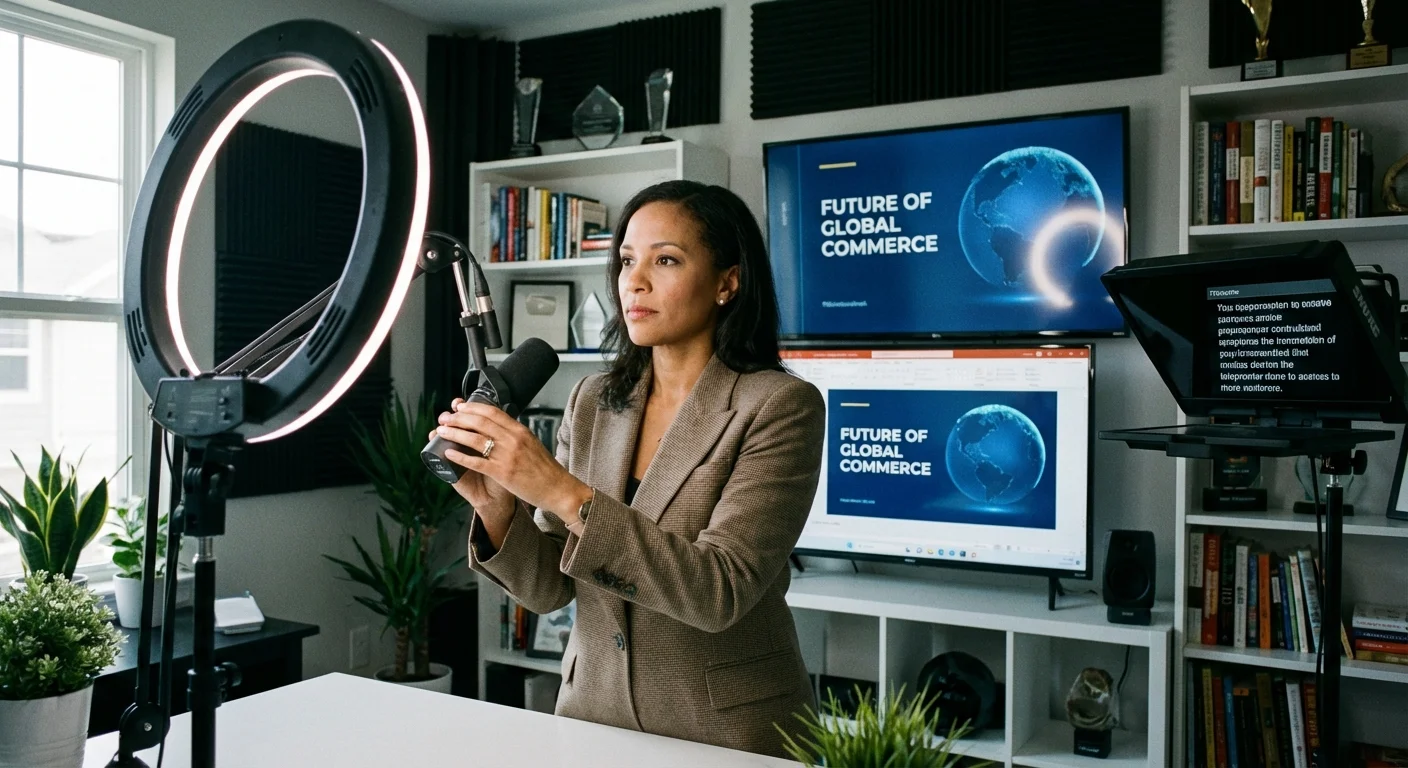 An executive setting up for a professional video presentation in a home studio.