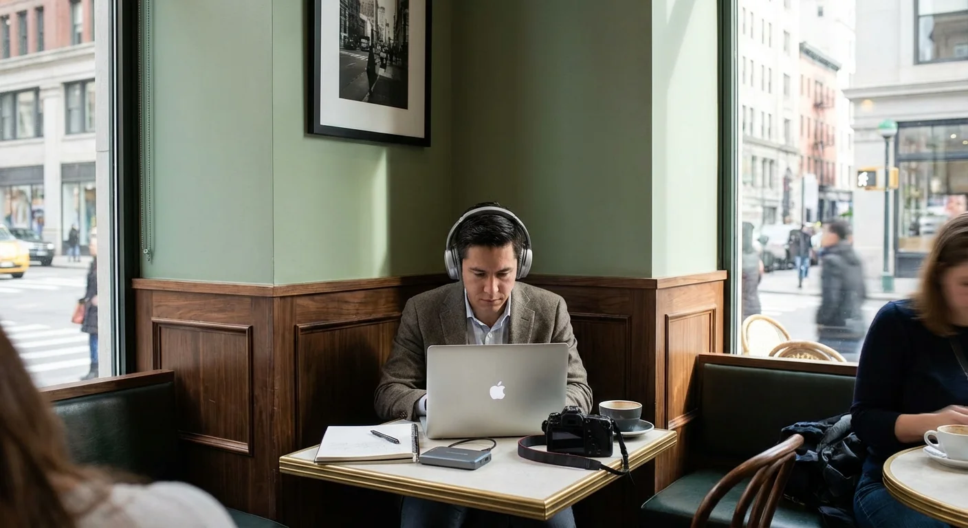 An independent contractor working solo in a modern, stylish cafe with a laptop and headphones.