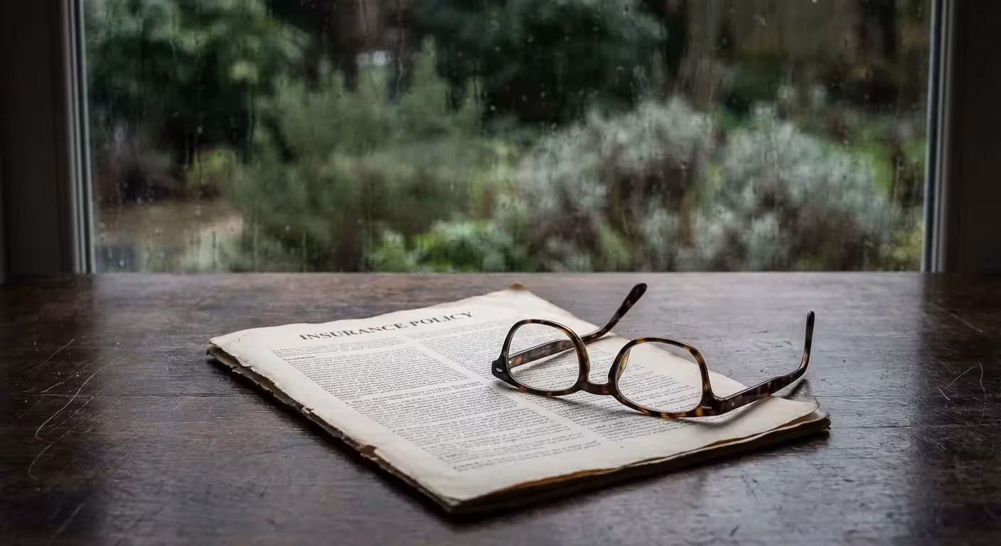 An insurance policy document on a table with rain visible through a window in the background.