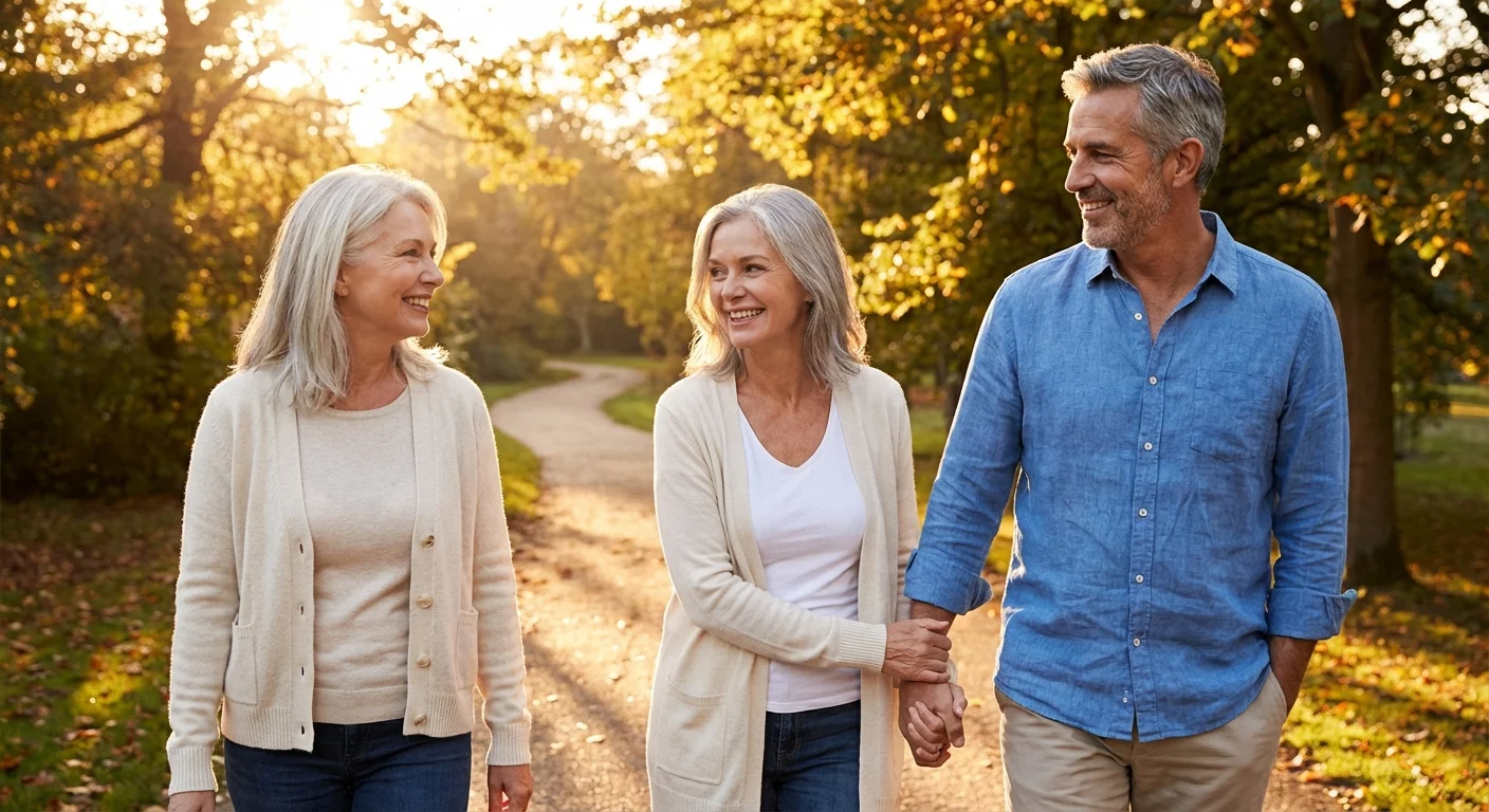An older couple walking in a beautiful, sunlit park.