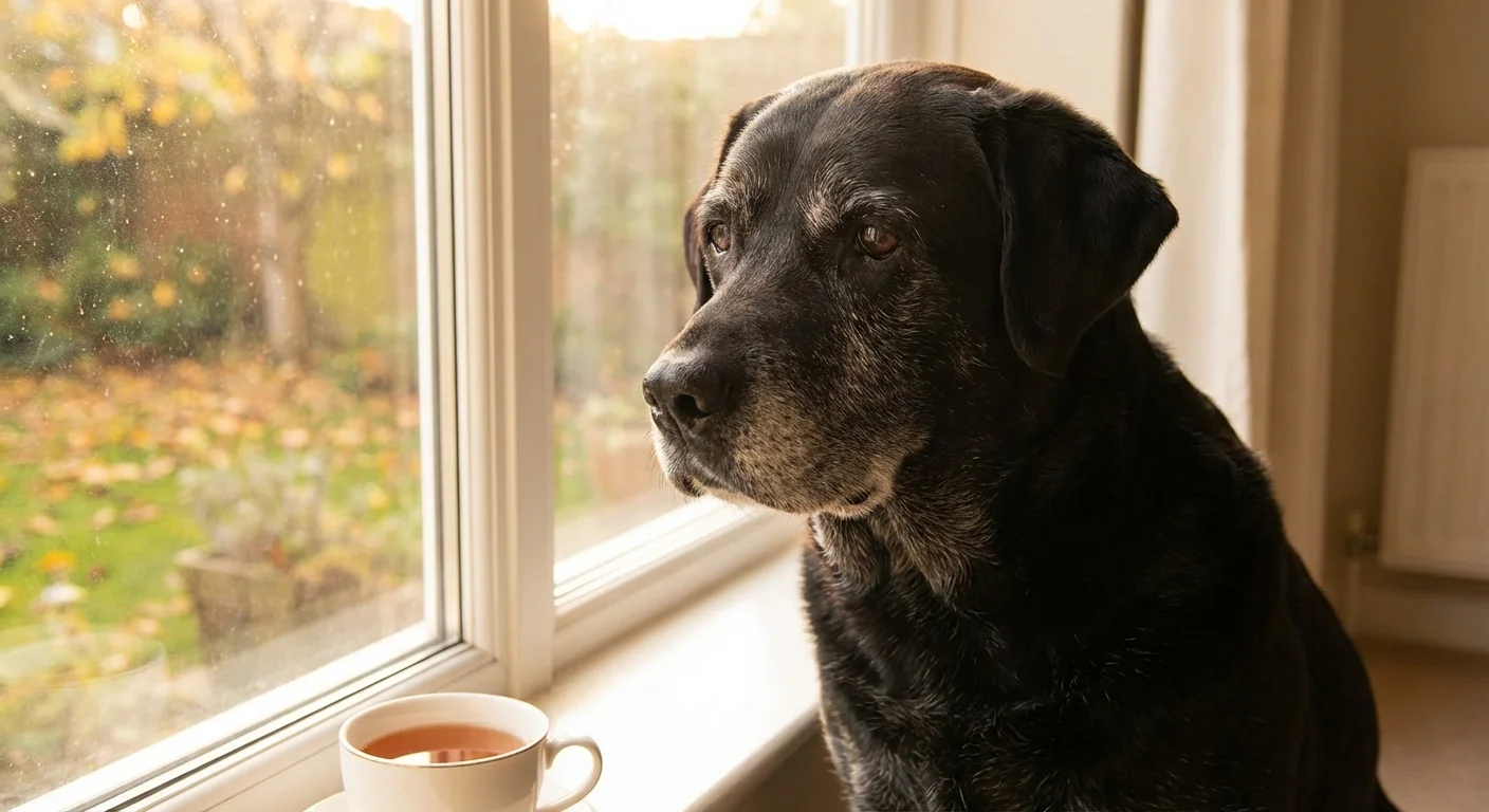 An older dog looks out a window, emphasizing the vulnerability of aging pets.