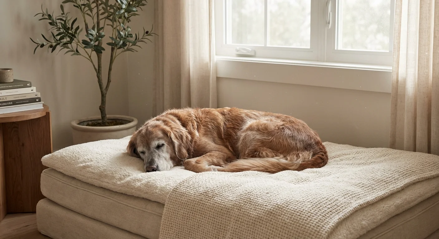 An older dog resting on a premium bed, symbolizing the rising costs of senior pet care.