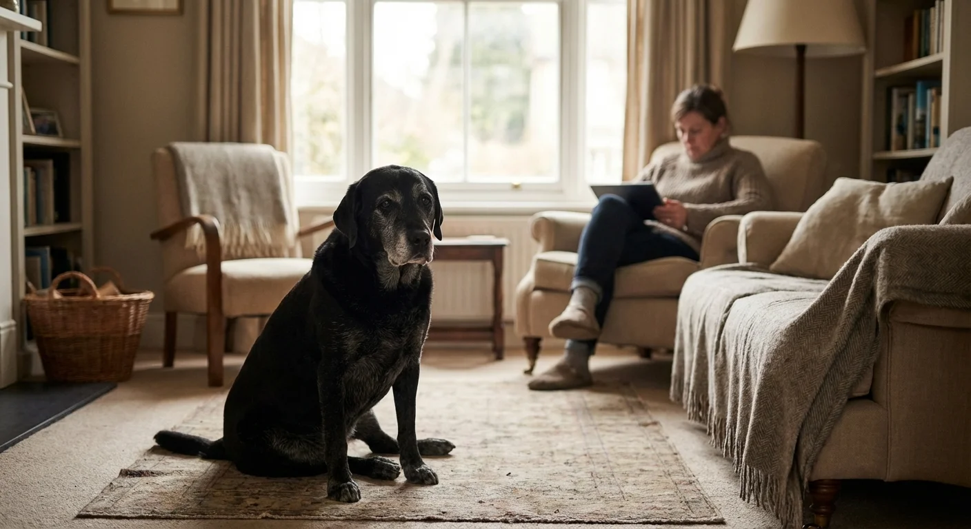 An older dog sitting in a sunlit room with its owner blurred in the background.