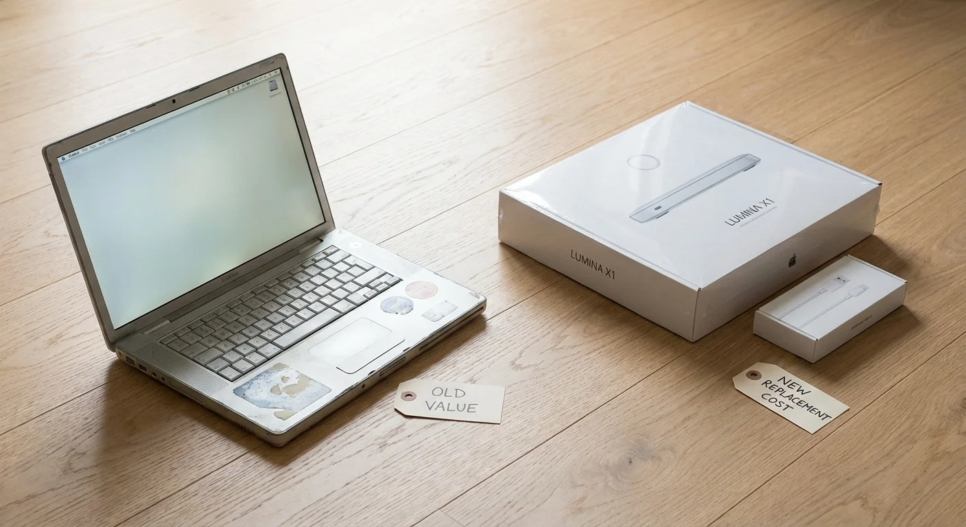 An older laptop placed next to a new one in its packaging on a wooden floor.