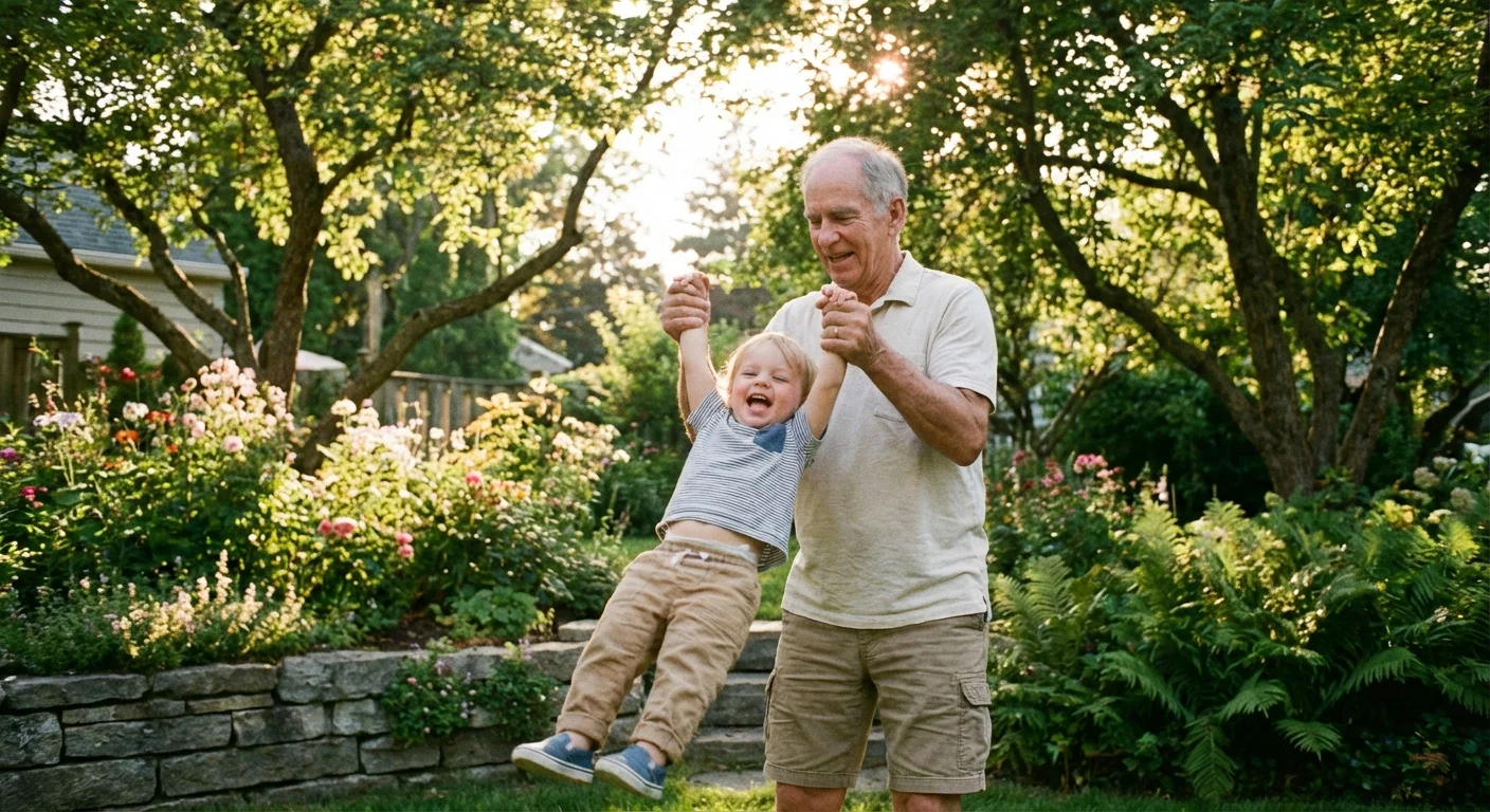 An older man playing with his grandchild in a sunny garden, representing family legacy.
