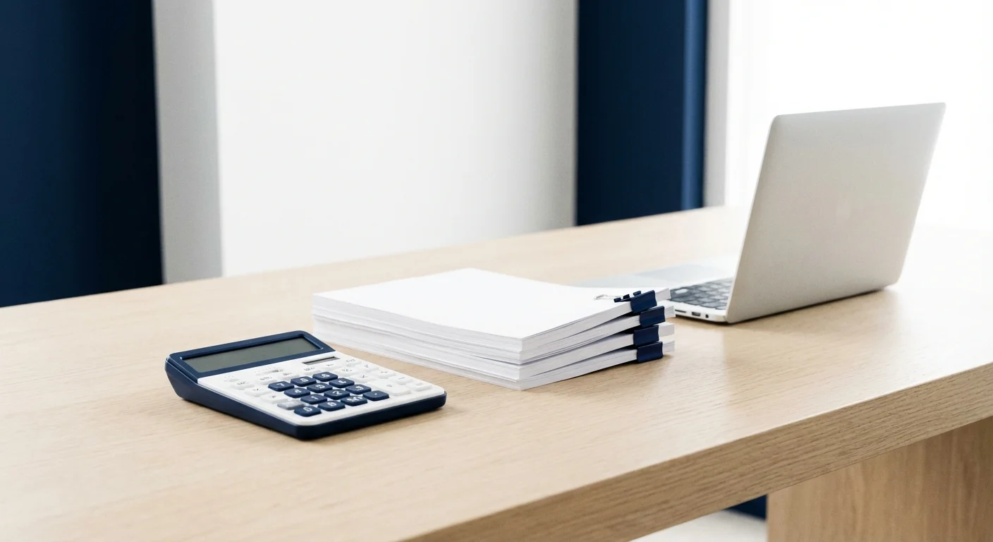 An organized desk with a calculator and papers, representing financial planning.