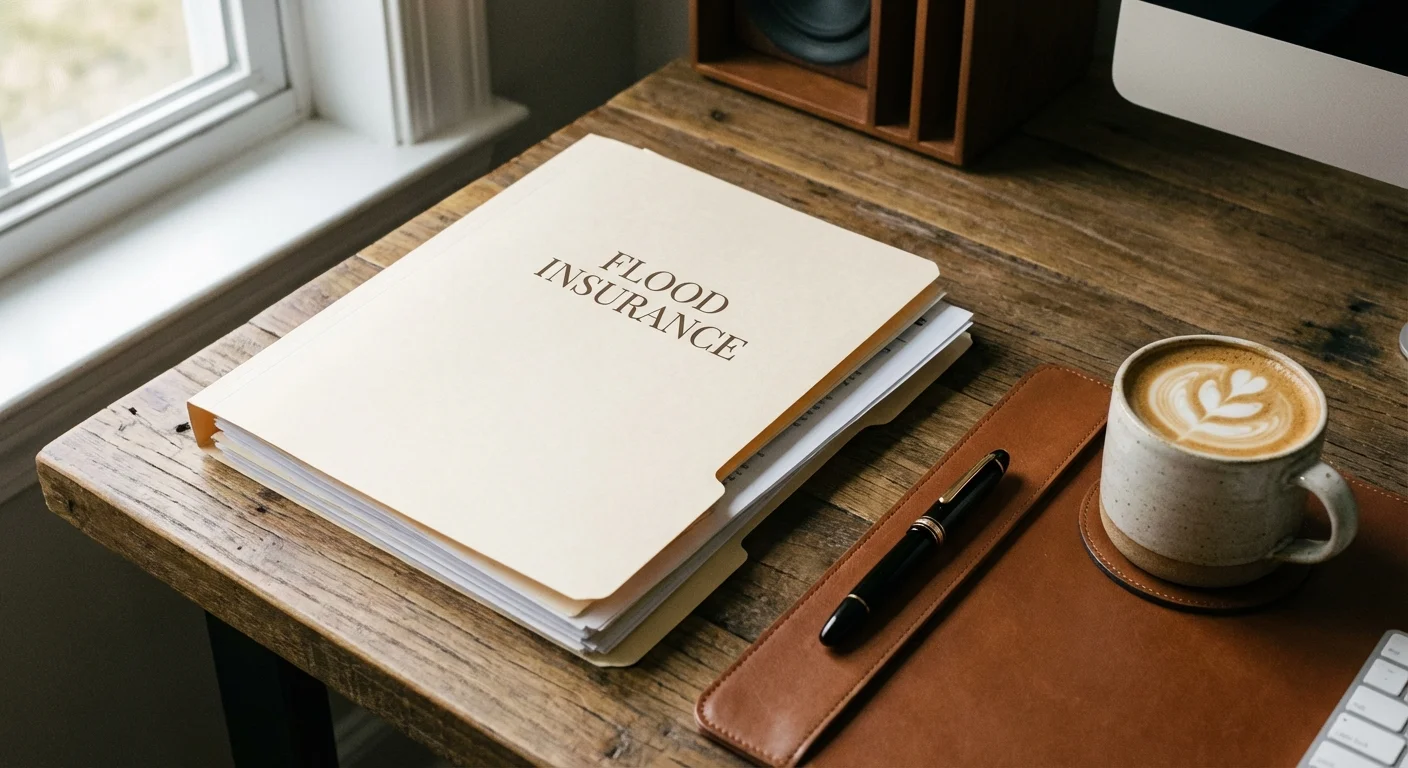 An organized desk with a flood insurance file, representing financial preparation and clarity.