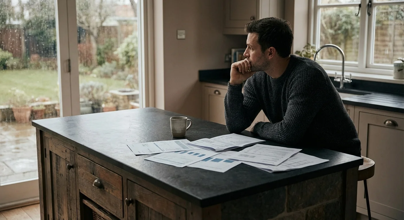 An organized desk with a leather folder and glasses in a softly lit office.