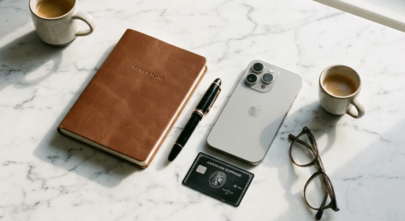 An organized flat lay of a notebook, pen, and credit card on a marble desk, representing preparation.