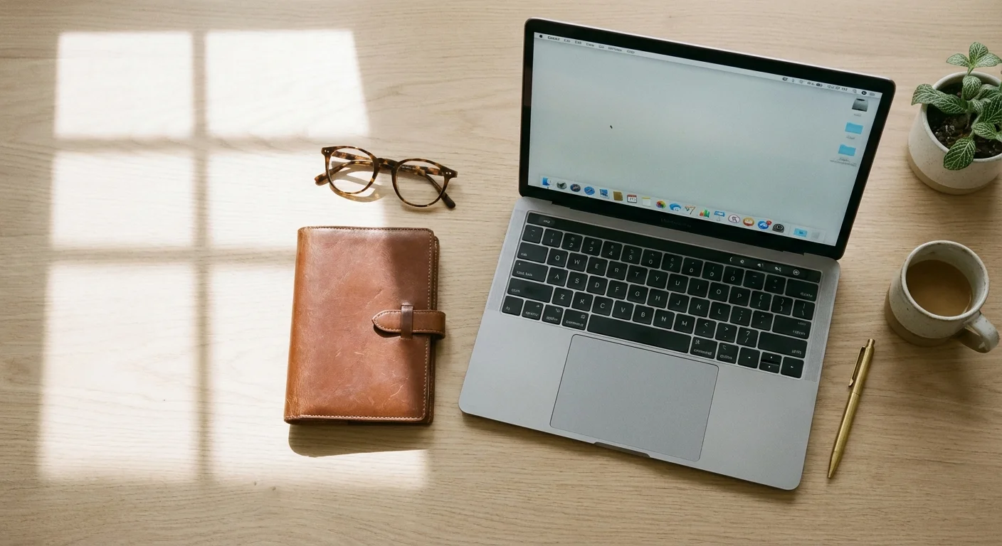 An organized white desk with a laptop and planner, viewed from above in soft light.
