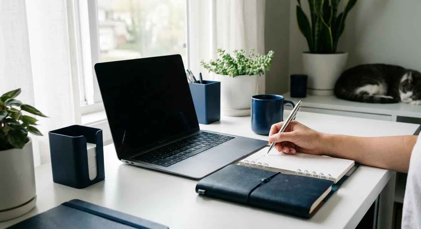 An organized workspace with a laptop and notebook, lit by soft morning sun.