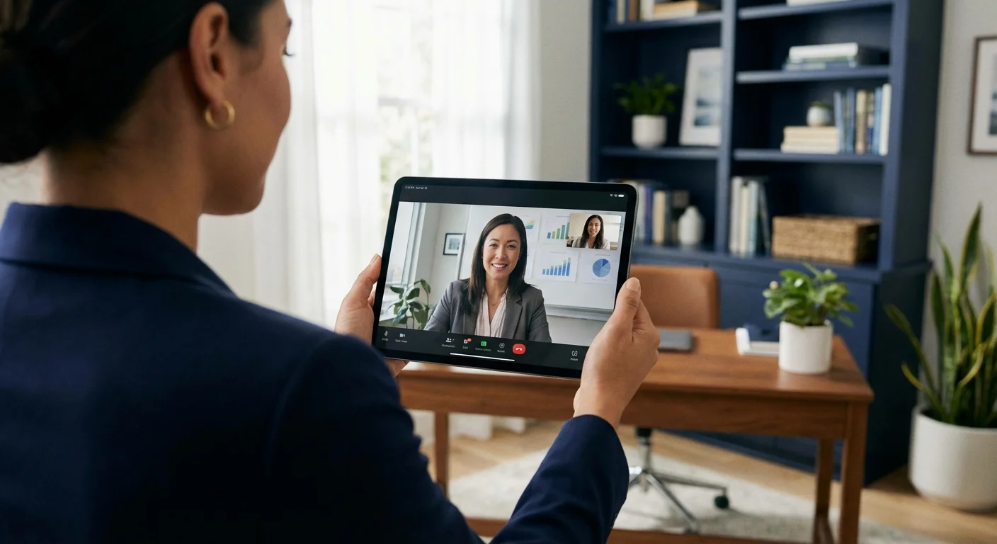 An over-the-shoulder view of a video call with a professional on a tablet.