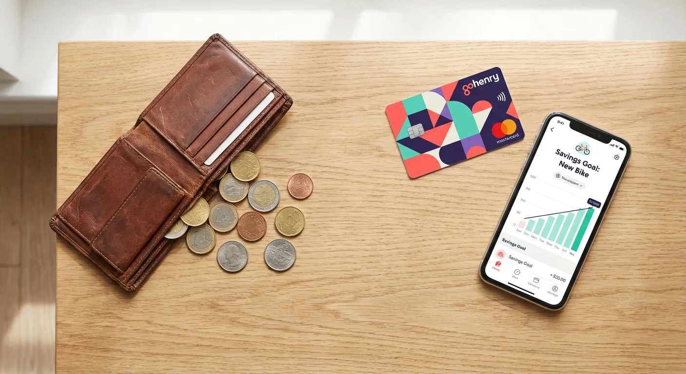 An overhead view comparing a traditional leather wallet with coins to a modern debit card and smartphone.