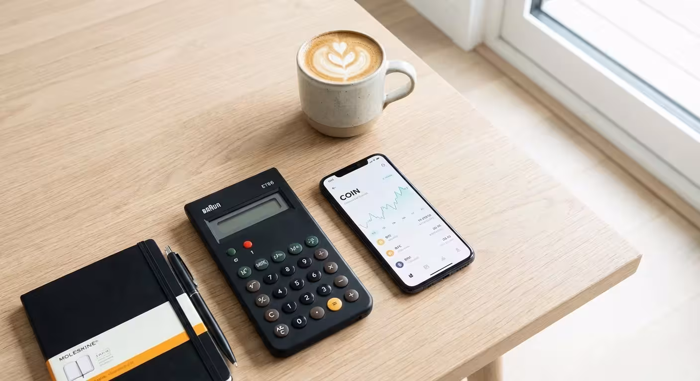 An overhead view of a calculator, phone, and coffee on a white desk.